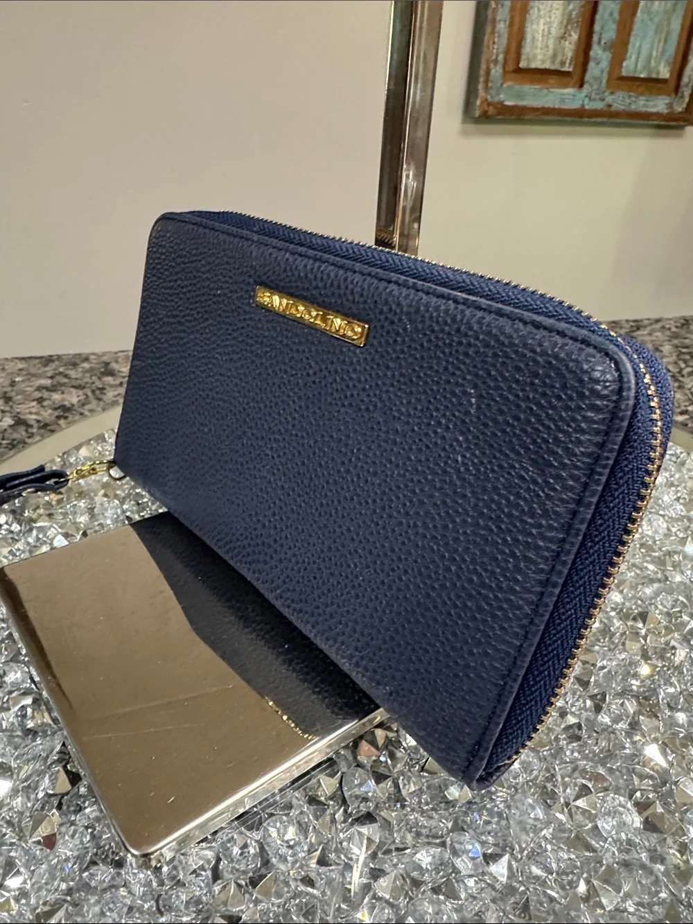 Bandolino Navy Pebbled Zip Wristlet with Gold Plaque